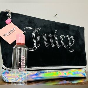 Juicy Couture Black Velvet Cosmetic Bag Holographic Bottom + Water Bottle NWT